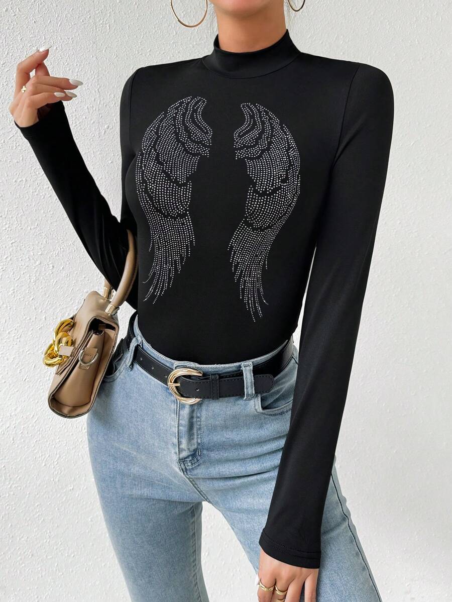 Zolique 女款翅膀圖樣立領t恤,鑲有水鑽 - 黑色 - 查看 1