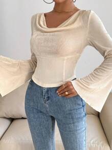 Chiquease Draped Collar Bell Sleeve T-Shirt Fall Cloth For Women - Apricot - View 5