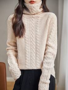 LINY XIN 高領柔軟保暖長袖時尚羊毛衫 - 杏色 - 查看 2