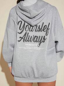 SHEIN SXY Women'S Hooded Drop Shoulder Sweatshirt With Slogan Pattern - Light Grey - View 1
