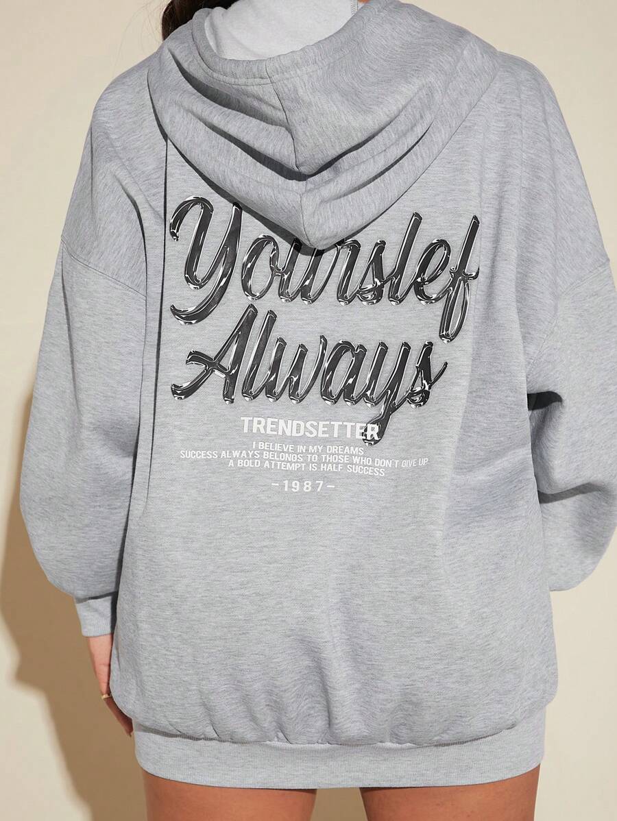 SHEIN SXY Women'S Hooded Drop Shoulder Sweatshirt With Slogan Pattern - Light Grey - View 1