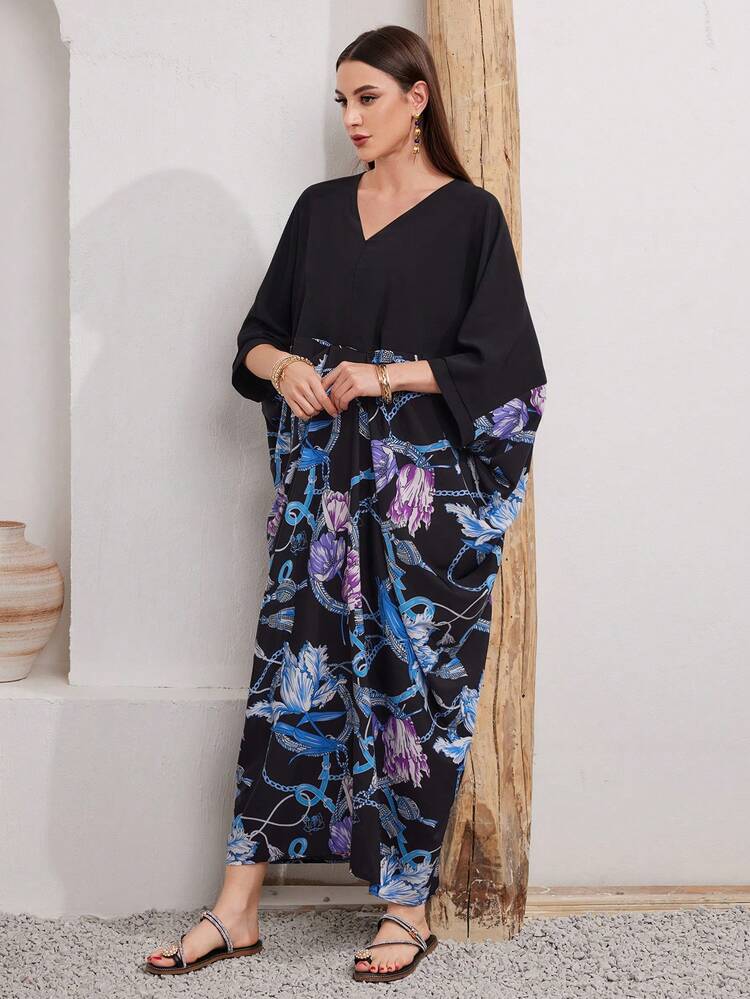 Women's Floral Print Patchwork Loose Dress Kaftan Jalabiya Dress