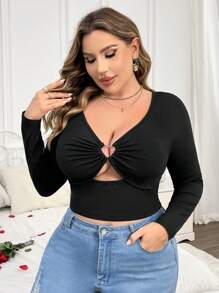 Flirla Plus Size Solid Color Hollow Out Slim Fit T-Shirt - Black - View 3