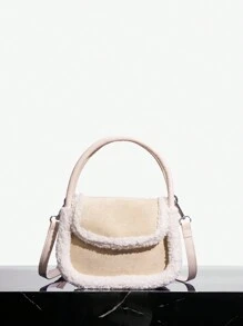 SHEIN SXY Button Detail Plush Flip Flap Saddle Bag - Pink - View 2