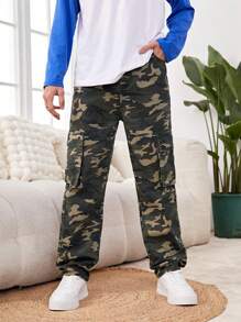 Teen Boy Street Style Cool Camouflage Cargo Jeans - Army Green - View 1
