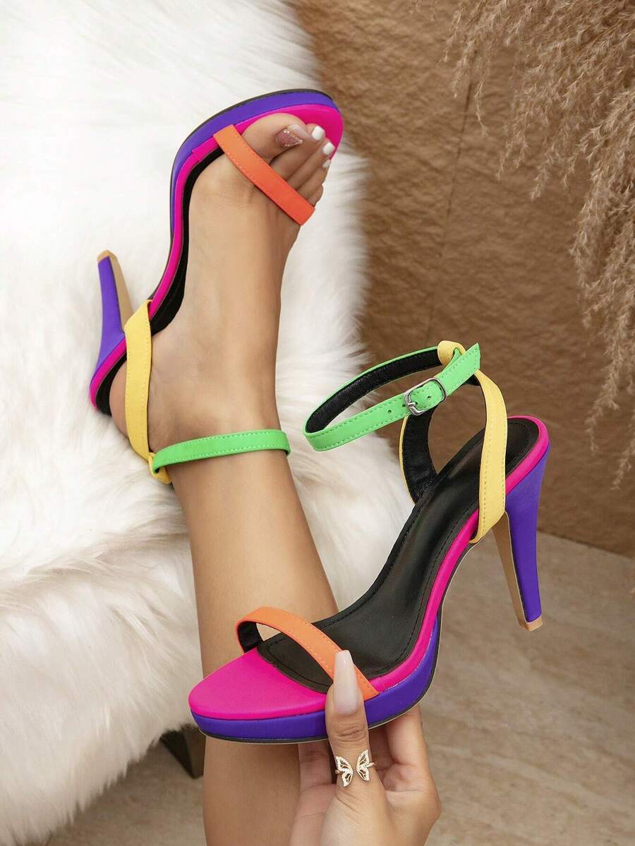 Multi-Color Straps Heeled Pointed Toe Sandals main image 1