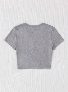 SHEIN Teen Girls' Knitted Ribbed V-Neck Casual T-Shirt - Grey - View 2