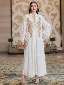 Al Najma Color Blocking Embroidered Patchwork Notched Neck Long Sleeve Jalabiya Dress Eid Dress, Modest Kaftan