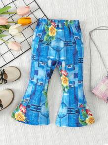 Baby Girl Floral Print Flared Pants - Blue - View 2