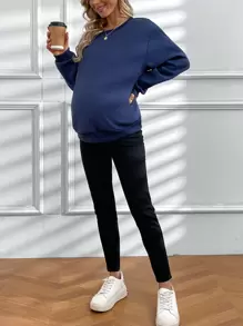 SHEIN Women's Casual Solid Color Maternity Sweatshirt With Round Neck, For Winter - Navy Blue - View 5