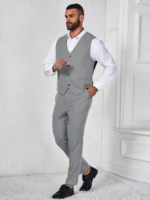 Manfinity Mode Men's Plus Size Grid Pattern Vest And Suit Pants Set - Black - View 3