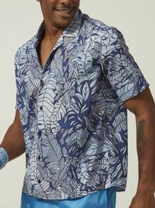 Nam Bản in nhiệt đới Áo sơ mi - Màu xanh lam - Xem 5