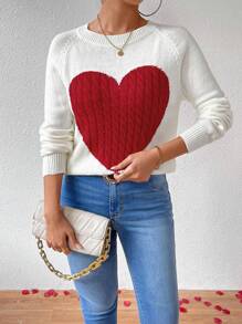 Chiquease Women's Heart Patterned Sweater Pullover Knit Pullover Fall Winter Outfit - Red and White - View 3