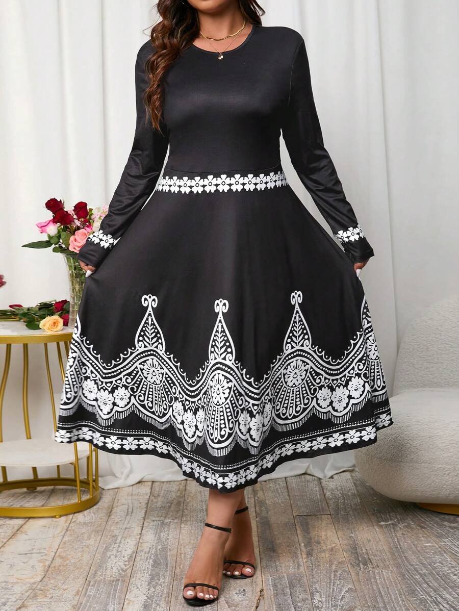 SHEIN Clasi 大尺碼長袖印花裙 - 黑色 - 查看 1