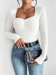 SHEIN Frenchy Sweetheart Neck Ruched Bust Solid Textured Slim Fit Tee Winter White Casual - White - View 1