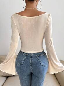 Chiquease Draped Collar Bell Sleeve T-Shirt Fall Cloth For Women - Apricot - View 2