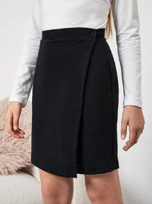 RueChic Teenage Girls' Denim Shorts With Button Wrap Design - Black - View 1