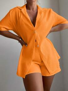 SHEIN Swim Của phụ nữ Màu thuần Áo sơ mi Và Quần short Bộ Cover Up - trái cam - Xem 3