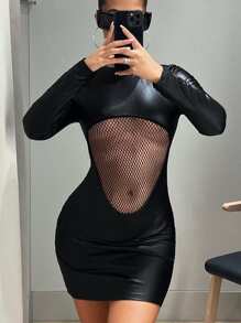 SHEIN ICON 女士網布 & Pu 皮革拼接連身裙 - 黑色 - 查看 1