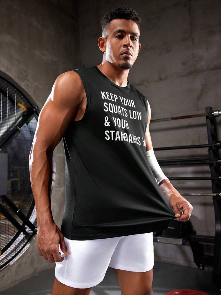 Men's Letter Print Athletic Tank Top Workout Tops Compression Shirt Men