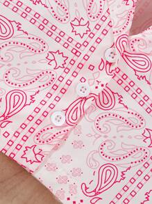 SHEIN Young Girls' Paisley Printed Short Sleeve Shirt - Pink - View 3