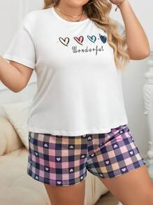 Plus Size Letter & Heart Print Short Sleeve T-Shirt And Shorts Pajama Set - Multicolor - View 5