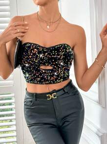 SHEIN Privé 露肩空心打底衫,鑲有閃爍細節 - 藍色 - 查看 1