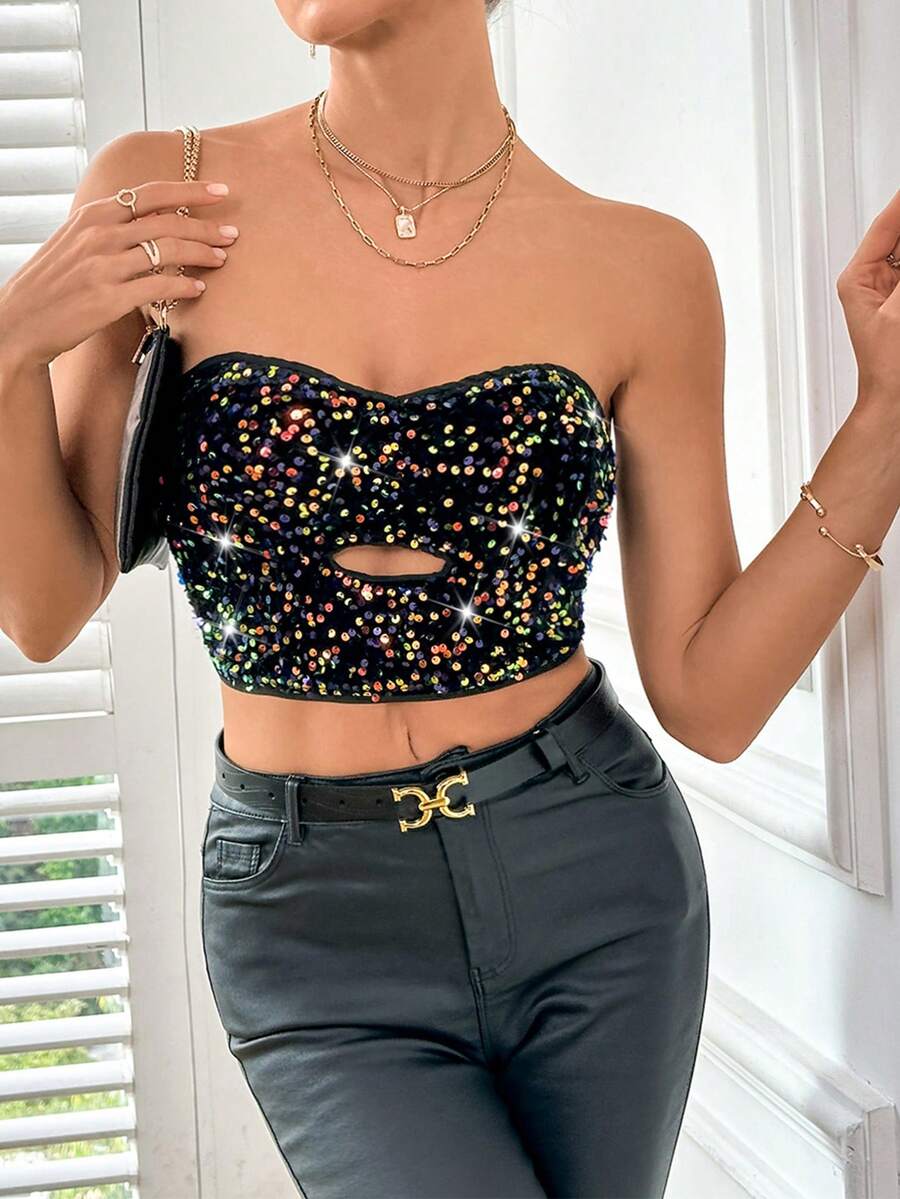 SHEIN Privé 露肩空心打底衫,鑲有閃爍細節 - 藍色 - 查看 1