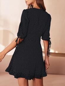 波點荷葉邊深v領連衣裙 - 黑色 - 查看 2