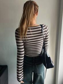 DAZY Women's Striped Long Sleeve T-Shirt - Brown - View 7