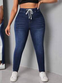 SHEIN SXY Plus Size Drawstring Waist Washed Skinny Jeans