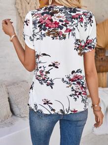 EMERY ROSE Quý cô In hoa Vòng cổ Áo thun - trắng - Xem 2