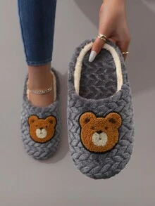 可愛的卡通刺繡毛絨熊女士家居拖鞋 - 灰色 - 查看 1
