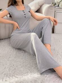 Women's Heart Embroidery Half Button Placket Top & Pants Homewear Set Outfit
