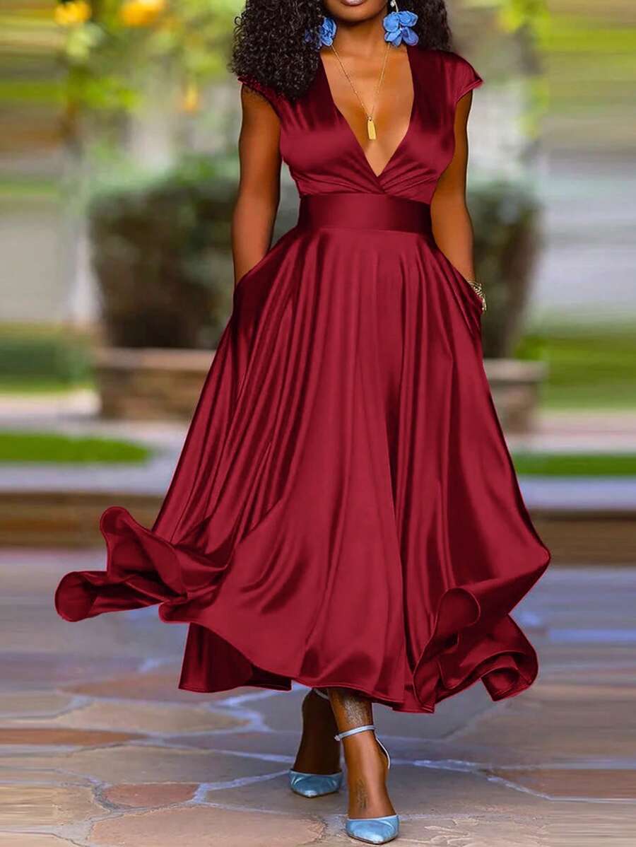 Slaydiva Women's Solid Color V-Neck Waist-Cinching Dress - Burgundy - View 1