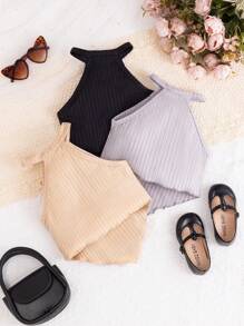 Baby Girl Solid Color Tank Top With Ribbed Texture - Multicolor - View 2