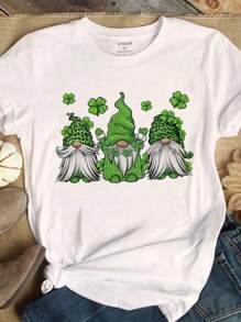 SHEIN EZwear 大碼四葉草卡通印花t恤 - 白色 - 查看 1