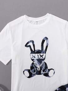 SHEIN 青少年男孩休閒兔子印花t恤和迷彩印花短褲套裝 - 彩色 - 查看 6