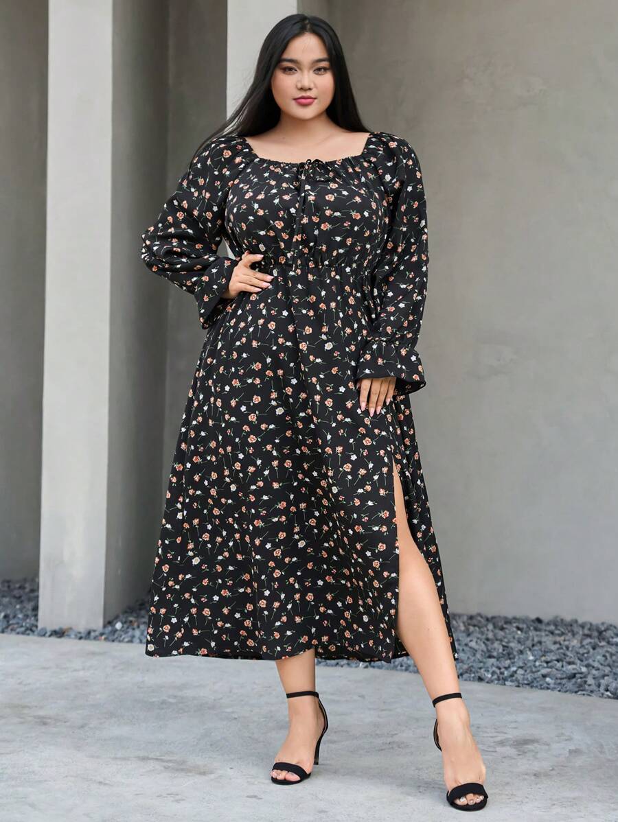 Dazy Plus 大码优雅碎花连衣裙，收腰设计，侧开衩，荷叶边，秋季度假装扮女装 - 黑色 - 查看 1