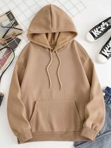 SHEIN EZwear 女士純色保暖絨毛束口連帽衛衣 - 卡其色 - 查看 1