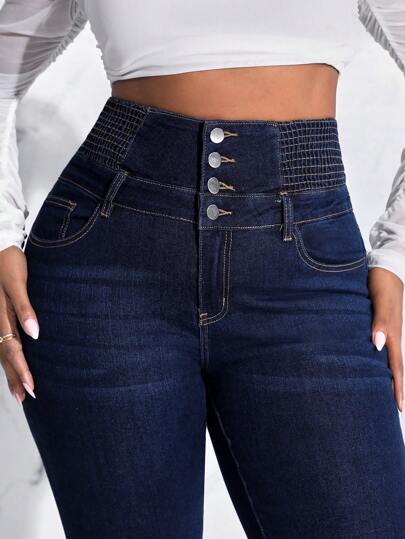 SHEIN SXY Women's Plus Size Slim Fit Jeans With Button And Whisker Design