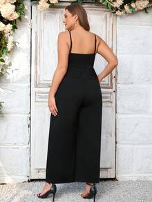 SHEIN Clasi 女士加大碼鈕扣細節細肩帶寬腿連身褲 - 黑色 - 查看 2