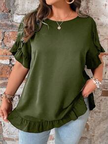 SHEIN LUNE Plus Size Solid Color Ruffle Edge Bubble Sleeve Shirt - Army Green - View 1