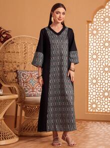 Al Najma 女士印花拼接連衣裙 - 黑色 - 查看 1