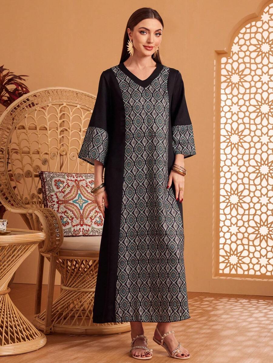 Al Najma 女士印花拼接連衣裙 - 黑色 - 查看 1