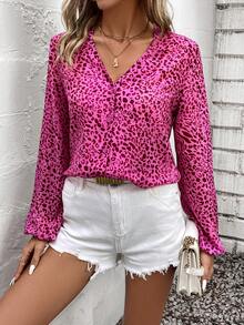 SHEIN Clasi Của phụ nữ In hoa Báo Cổ chữ V Tay áo lồng đèn Áo sơ mi - Màu Hồng Tươi - Xem 5