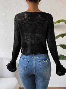 SHEIN LUNE Women's V-Neck Bell Sleeve Hollow Out Knit Sweater Knit Pullover Fall Winter Outfit - Black - View 2