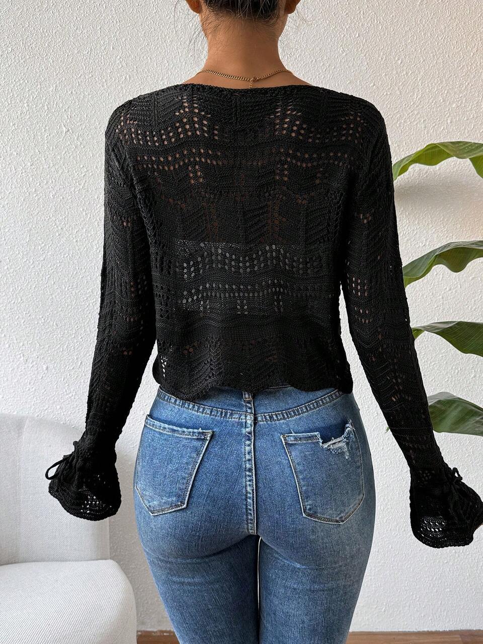 Women's V-Neck Bell Sleeve Hollow Out Knit Pullover Fall Winter Sweater