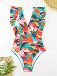 SHEIN Swim 女士一件式泳衣,配有花卉印花,狂歡節風格 - 彩色 - 查看 8