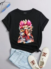SHEIN EZwear Women's Chicken Pattern Short Sleeve T-Shirt - Black - View 3